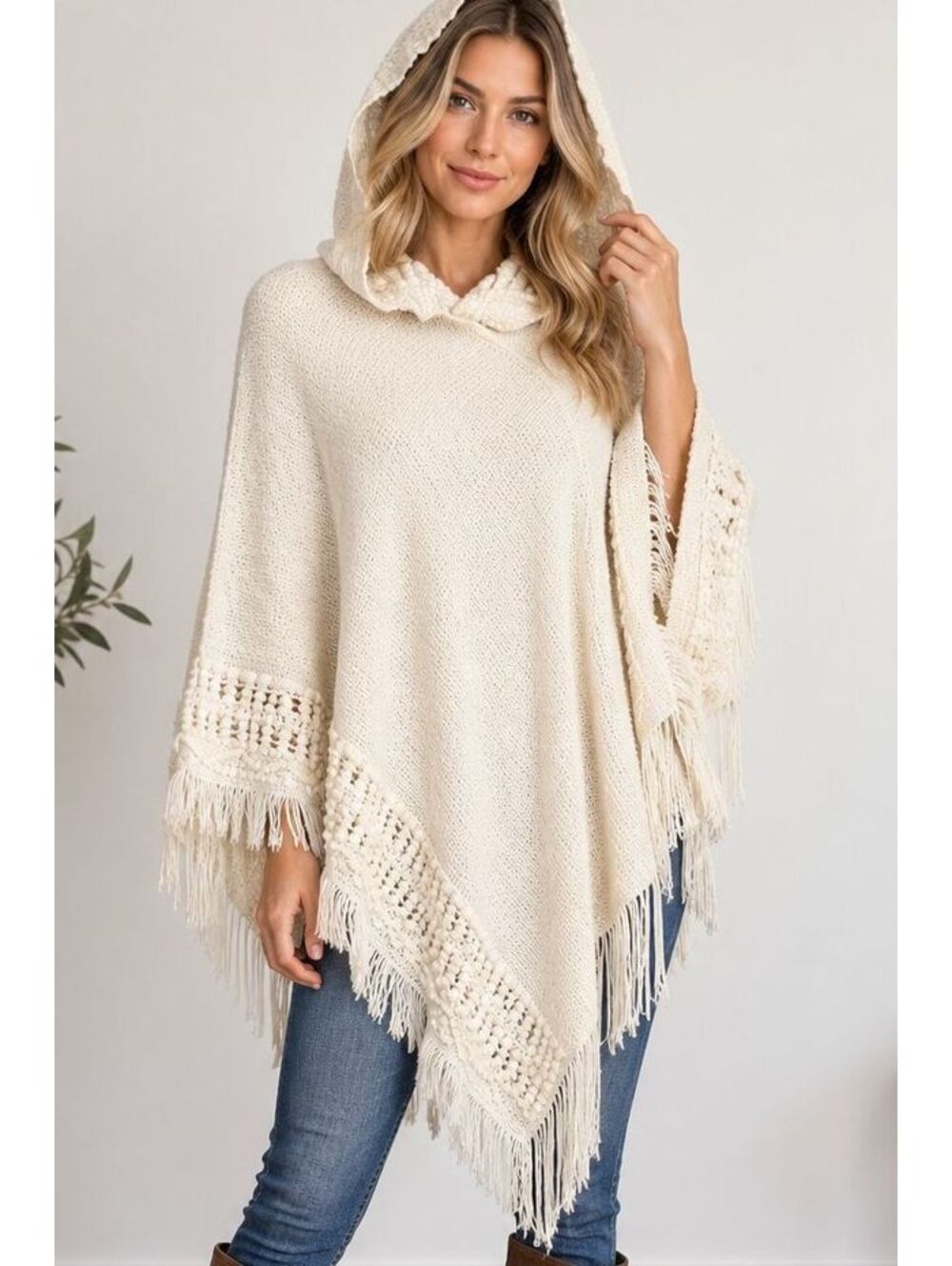 Love Crazy Y2K Boho Cream Knit Poncho Fringe Hooded Shawl Western Sweater NWT